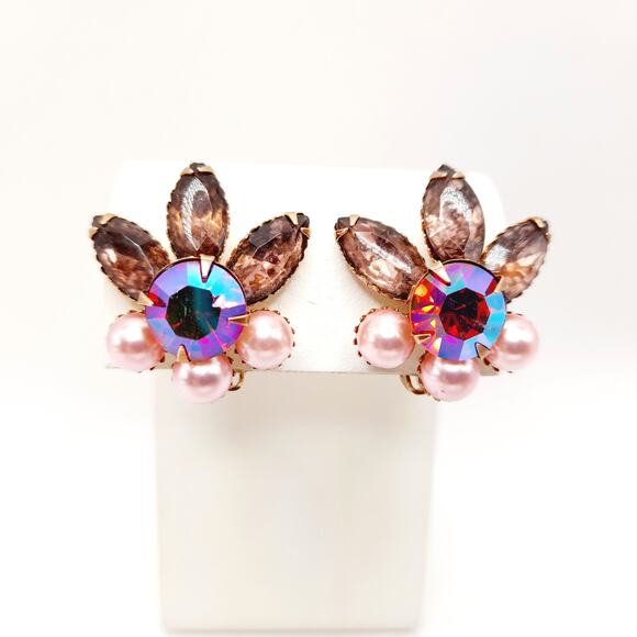 Vintage AB Rhinestone Pink Pearl Earrings Gold Tone Clip On Costume Jewelry - Picture 1 of 7